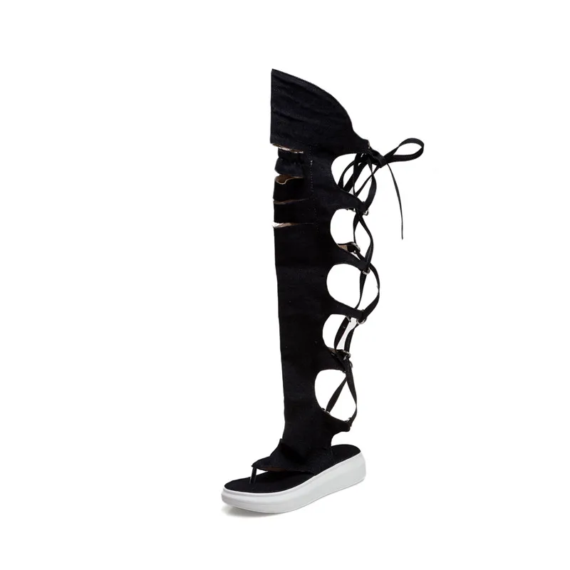 Женские джинсовые сандалии гладиаторы YMECHIC синие черные на платформе с