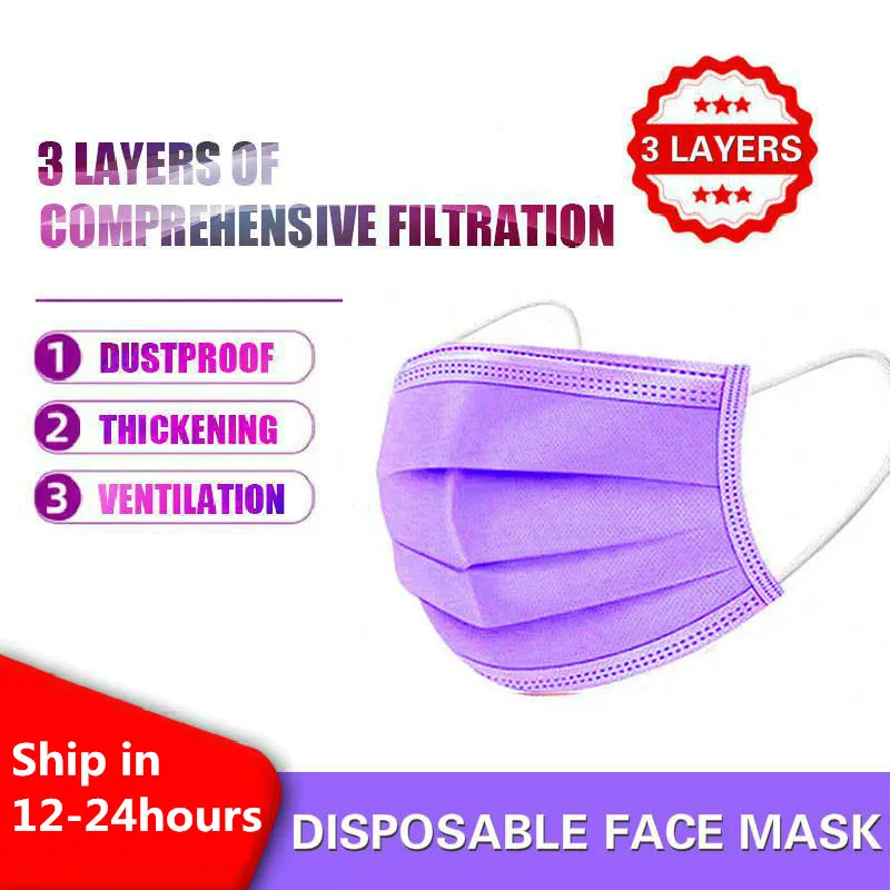 

10/50/100/200pcs Disposable Face Masks 3 Layer Filter Anti Dust Smog Earhook Breathable Gauze Mask Adult Purple Face Mouth Mask