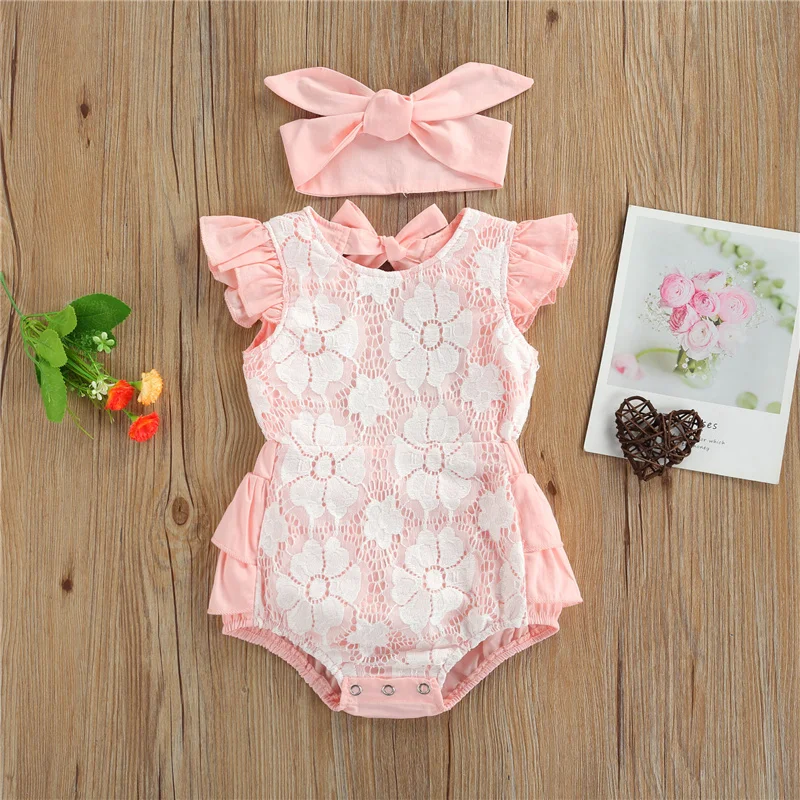 

Baby Girlâ€™s summer Fashion Solid Color Lace Bandage Bodysuits Casual Sweet Style Fly Sleeve Romper and Headband