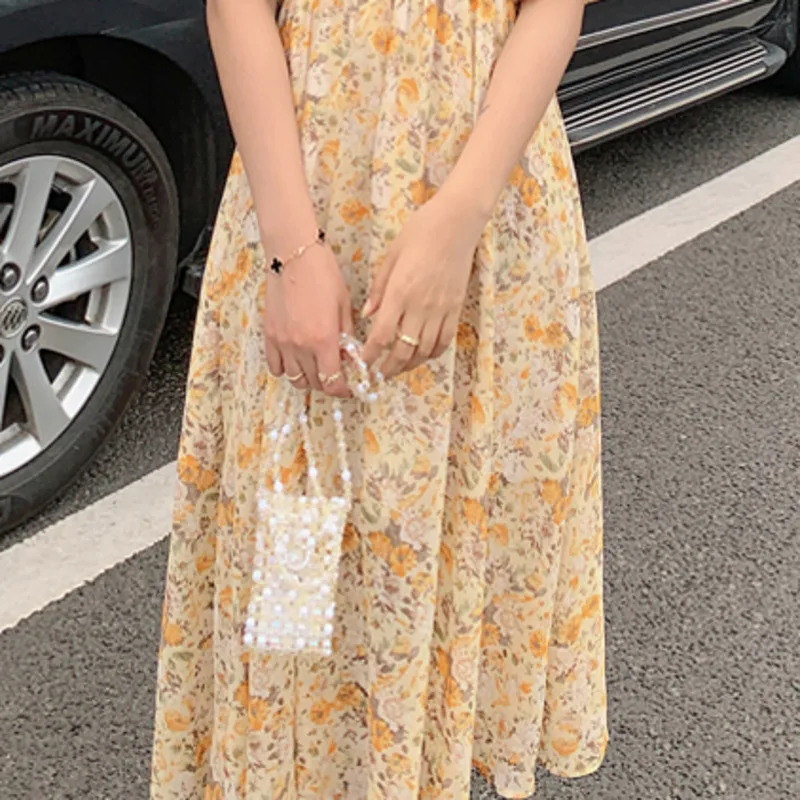 

Sweet Floral Print Chiffon Dress Women Square Neck Puff Sleeve Sexy Folds Midi A-line Sundress Robe Summer Elegant Lady Dresses