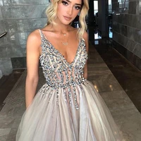elegant gray evening dresses long luxury 2021 beaded a line v neck tulle backless prom gowns gorgeous princess robes de soir%c3%a9e