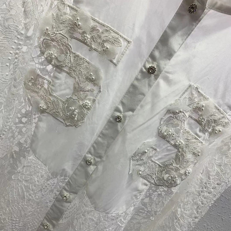 

VGH Solid Two Piece Set For Women Lapel Long Sleeve Patchwork Shirt High Waist Hollow Out Full Length Pants Casual Sets Female