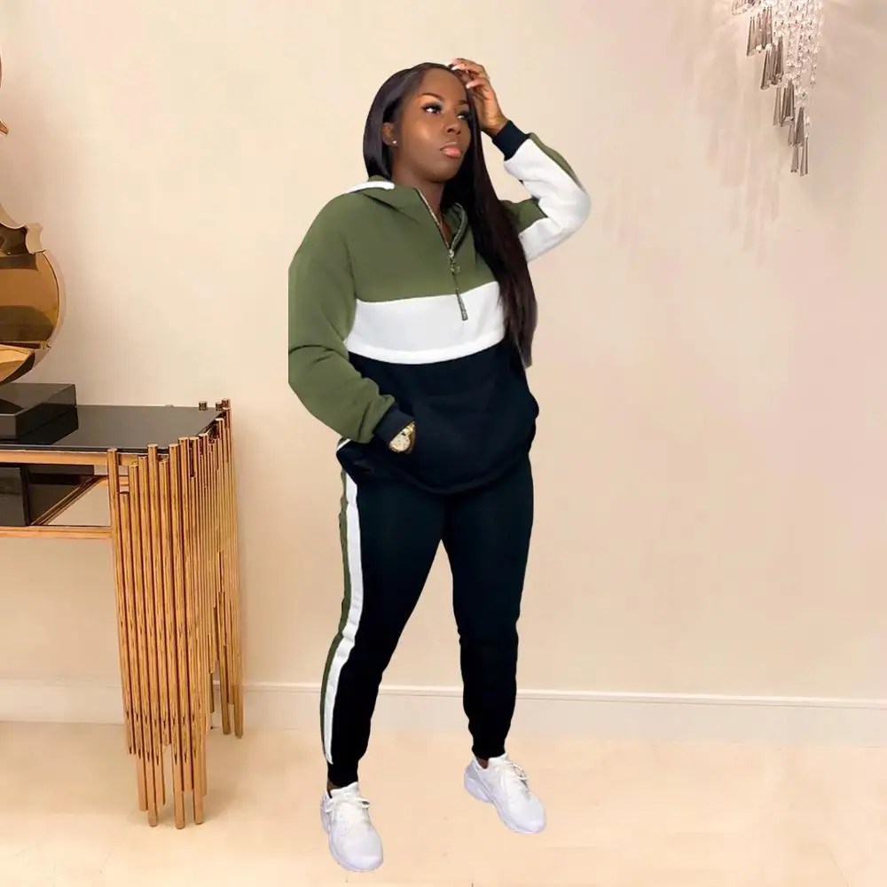 Геометрический Модный женский спортивный костюм с капюшоном и карманами пальто