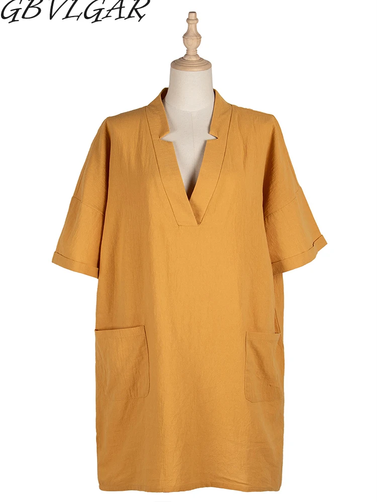 

GBVLGAR Women Boho Beach Sexy V-Neck Vintage Mini Dress Fashion Summer Straight Pockets Half Sleeve Dress Ladies Yellow Vestidos