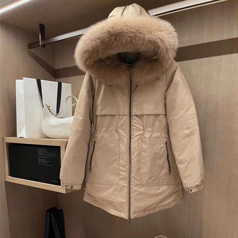 

High Quality Women Fashion Winter Warm Down Jackets Large Fox Fur Collar Waist Fitted Thick Parka Down Coats Casual Outfits