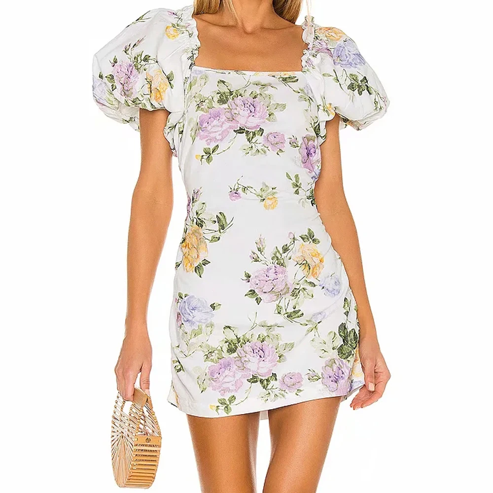 

Summer women holiday vintage floral short Dress One word collar puff sleeve Mini Dresses zipper Party Slim A-Line Retro Vestidos