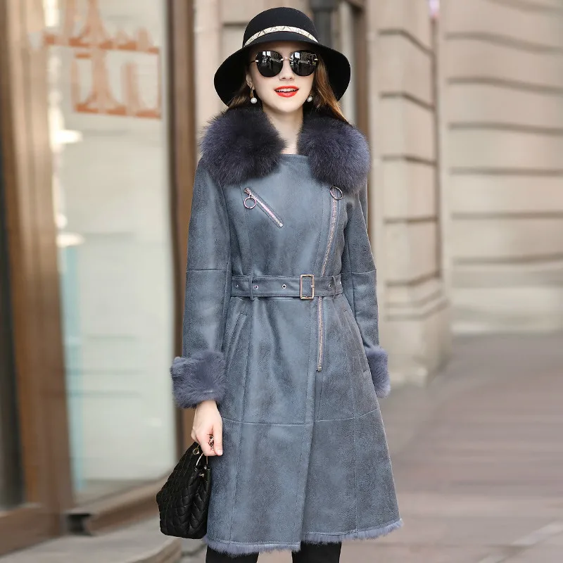 Пальто из натурального меха воротник лисьего двусторонний мех кролика куртка