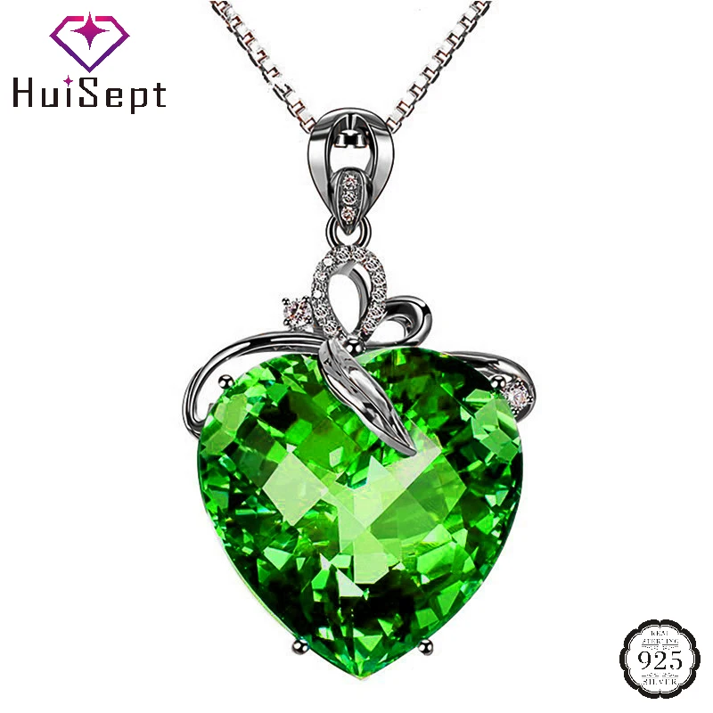 

HuiSept 925 Silver Jewelry Necklace Heart Shape Emerald Zircon Gemstone Pendant for Women Wedding Engagement Party Accessories