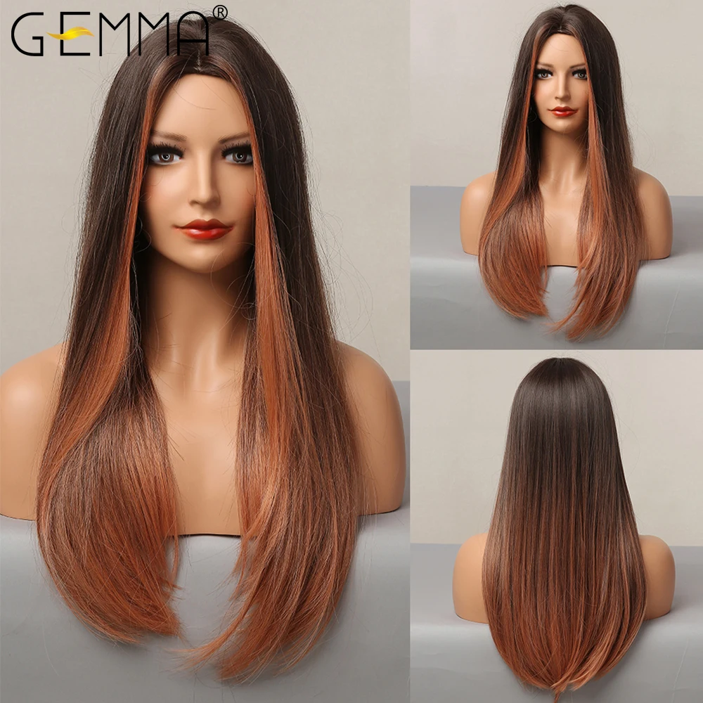 

GEMMA Long Straight Ombre Black Red Copper Synthetic Wigs Natural Middle Part Wig for Women Cosplay Party Heat Resistant Hair