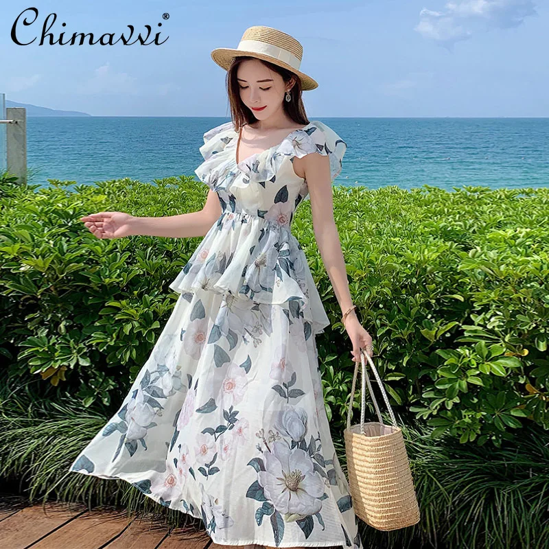 

Vacation Women's Dress 2021 New Luxury Fairy Sweet V-neck Sexy Sleeveless Midi Dress Chiffon High Waist Slimming Summer Dress
