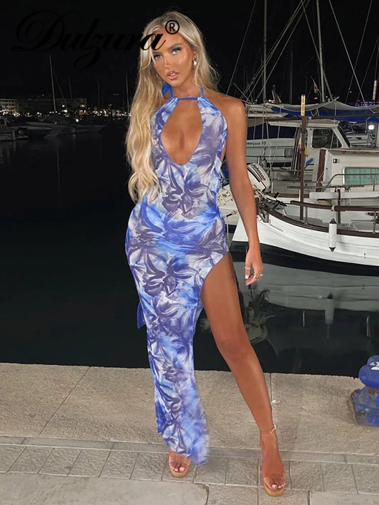 

Dulzura Tie Dye Print Women Lace Up Halter Mesh Midi Dress Hollow Out Backless Slit Bodycon See Through Sheer Party Club Y2K