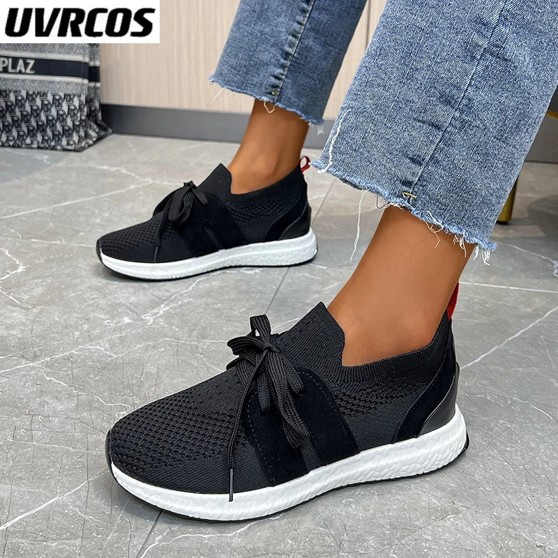 

High Quality Kintted Loafers Shoes Woman Lace Up Casual Flat Shoes Femme White Breathable Mules Comfy Walking Ladies Flat Shoes