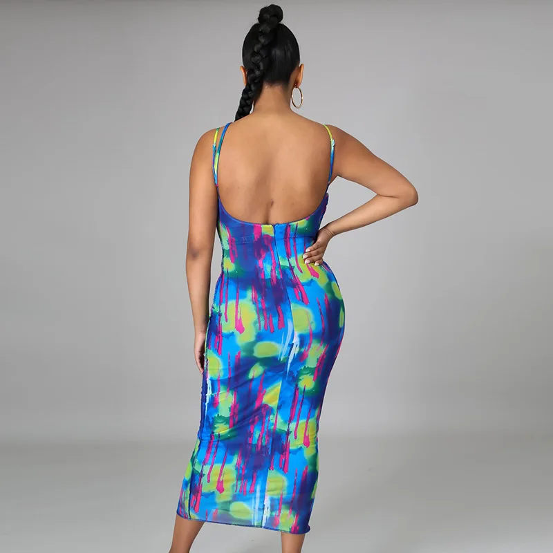 

Women\u2019s Sexy Suspender Dress Fashion Printing Square Collar Backless Skinny Long Dress