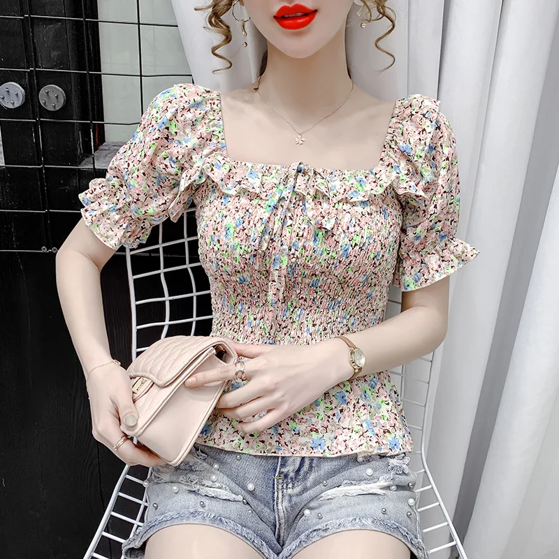 Женская шифоновая блузка с цветочным принтом универсальная приталенная