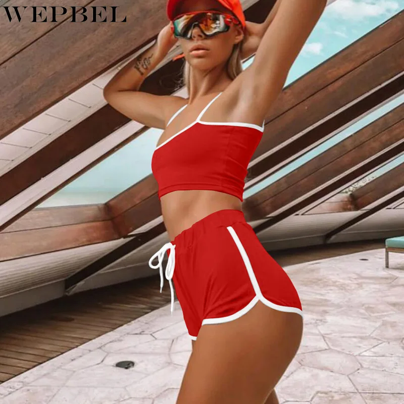 

WEPBEL Women's Solid Color Slim Patchwork Suit Sexy Lace Up Straight Shorts + Spaghetti Strap Square Collar Backless Vest Suit