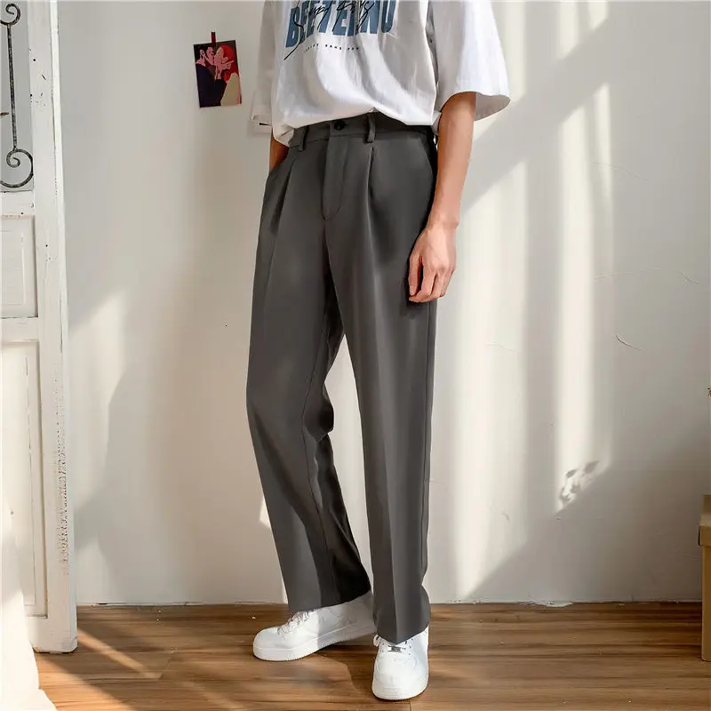 

2021 Men's Button Decoration SilK Trousers High-quality Solid Color Casual Pants Business Design Cotton Formal Fit Suit Pants
