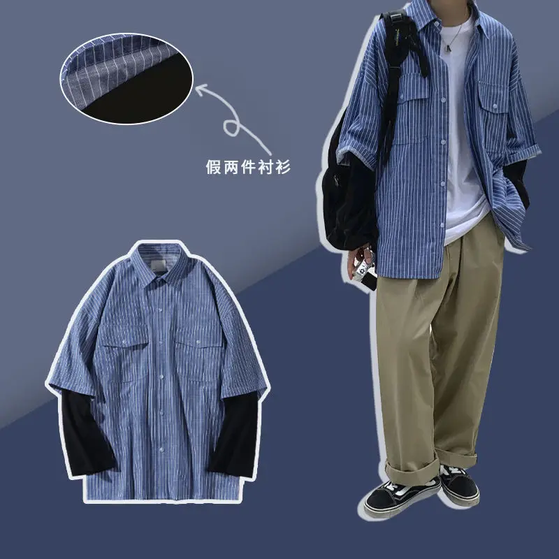 

2021 Men's Long-sleeved Shirts Two-piece Coats Stitching College Style Clothes Denim Shirt Streetwear Camisa Masculina M-2XL
