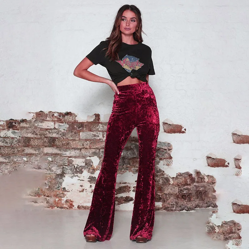 

High Waist Casual Velvet Long Pant Wide Leg Flare Trousers Black Red Streetwear Bodycon Full Length Elegant Ladies Pants Women