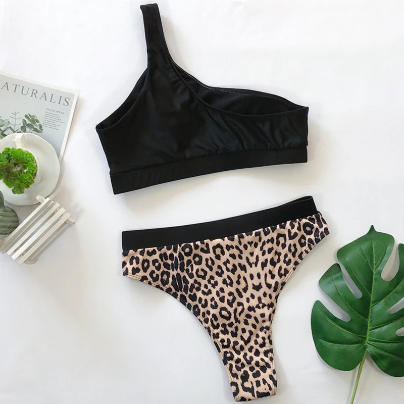 

Leopard Print Bikini Set 2021 One Shoulder Swimsuit Female Hollow Out Swimsuit Female High Waist Bathers Bathing Suit