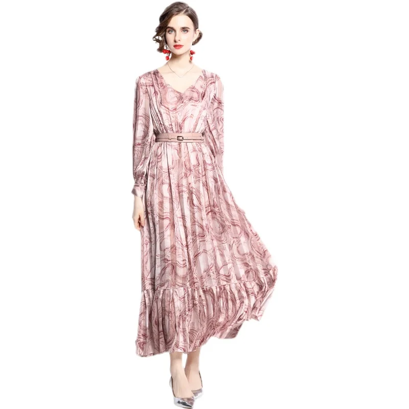 

Spring Runway Elegant Satin Long Dress Women Autumn Vintage Printing Fashion Designer A-Line Party Robe Dress Femme Vestidos