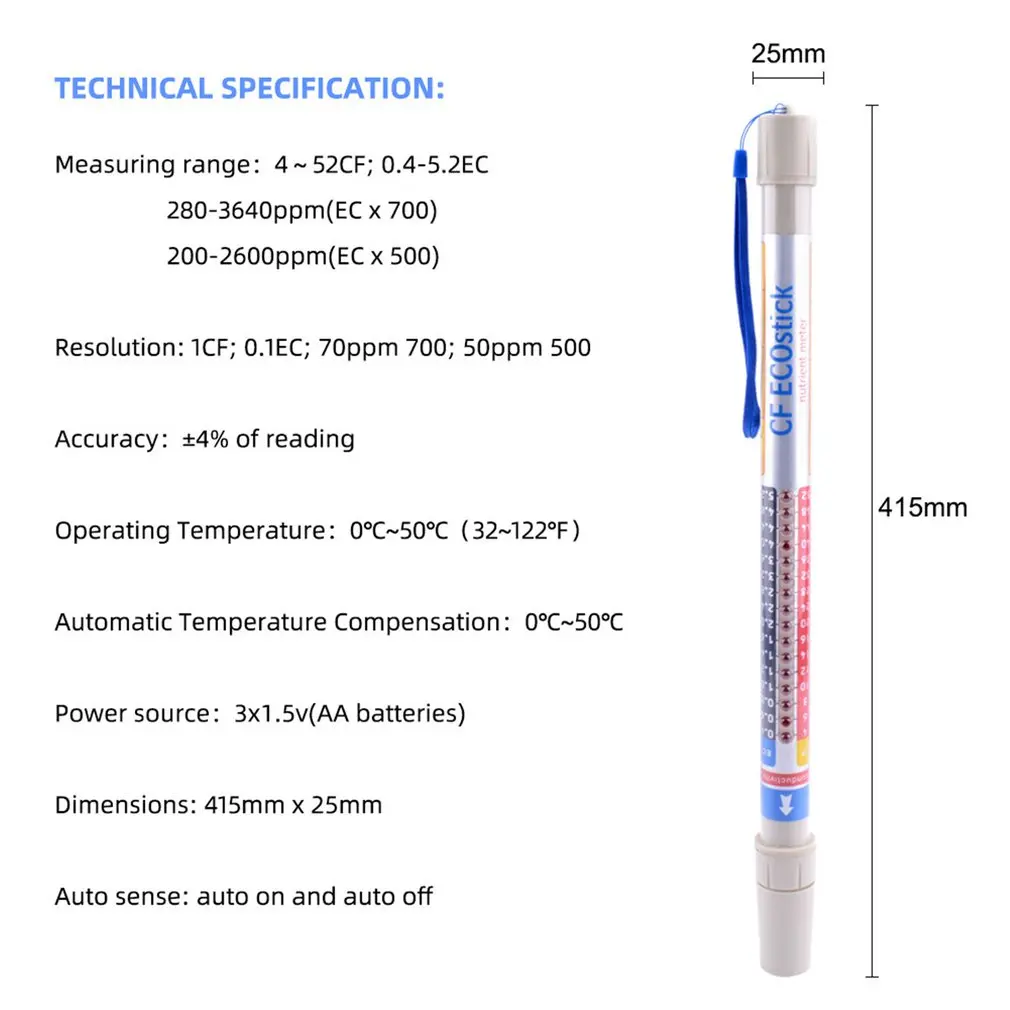 

PH Tester Stick EC/ppm/CF Meter Horticulture Water Quality Test Pen EC Meter Multi-Parameter Conductivity Digital PH Tester