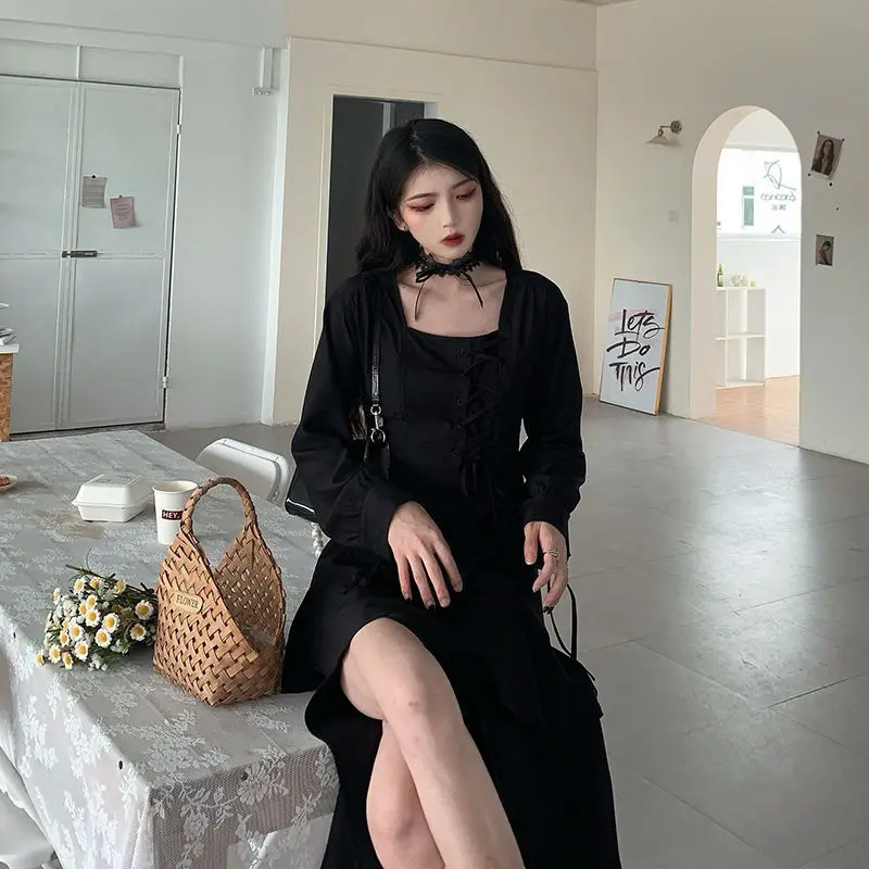

Black Split Dress Women Elegant Designer Gothic Dress Female Streetwear Irregular Ruffles Party Dress Autumn Clothes Women 2021