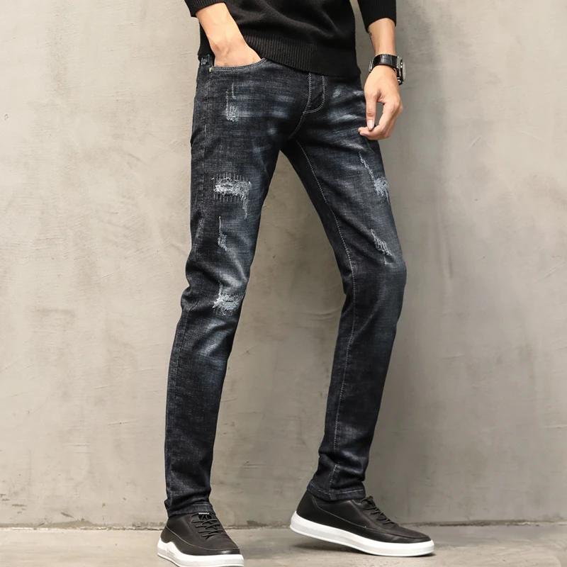 Рваные джинсы для мужчин осень-зима узкие прямые черные повседневные эластичные