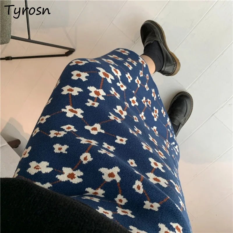 

Женские вязаные юбки с цветочным принтом, винтажные модные мягкие юбки до середины икры, с высокой талией, осенне-зимние юбки с эластичной талией Ulzzang, новинка