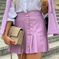 sexy mini pleated skirts 2021 solid pu leather skirt asymmetrical fashion women high waist buttons female autumn workwear faldas