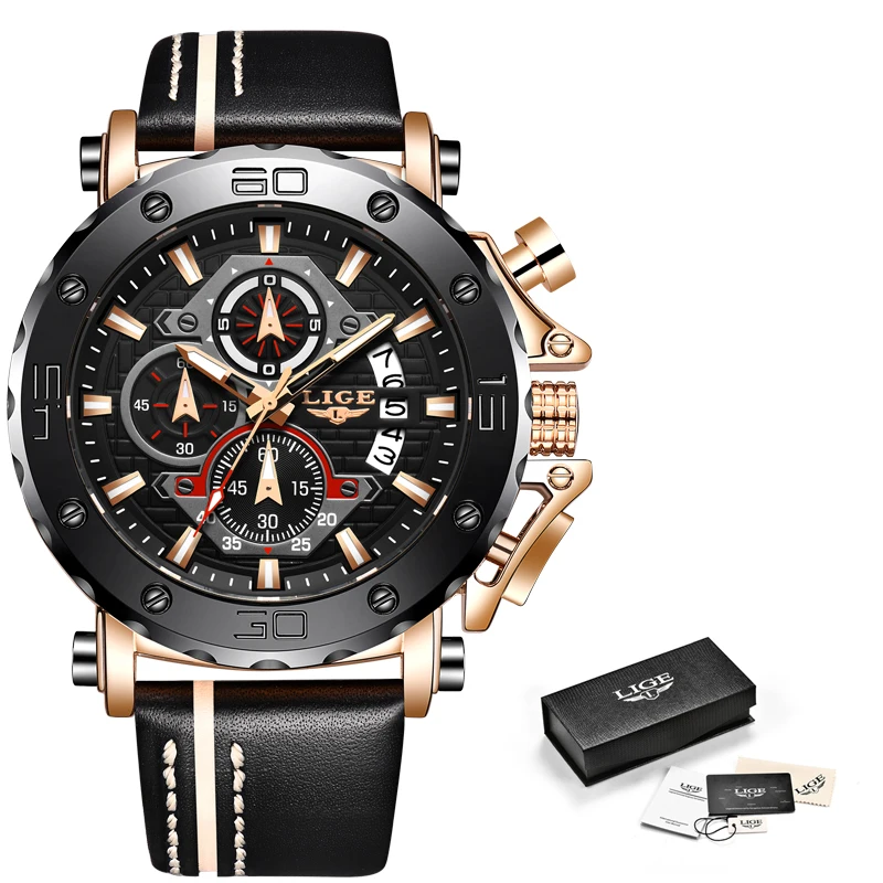 

2019LIGE New Fashion Mens Watches Top Brand Luxury Big Dial Military Quartz Watch Leather Waterproof Sport Chronograph Watch Men