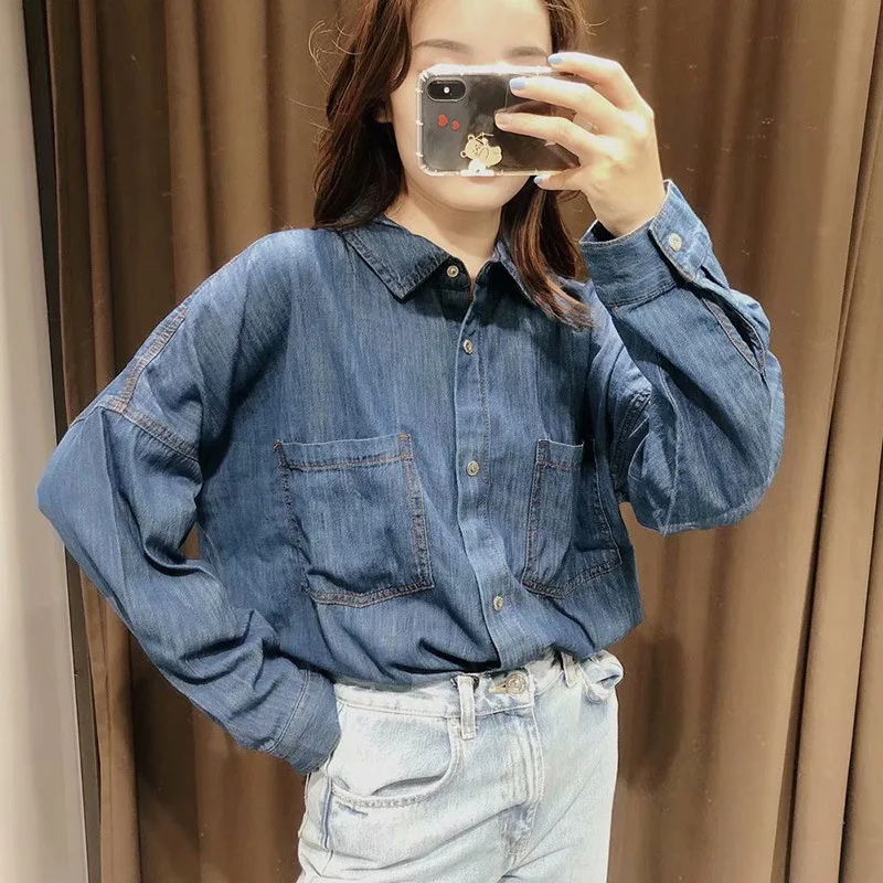 

Women vintage Shirt Blue Blouse Clothing for Women Tops 2021 Turn Down Collar Denim Blouses Haut Chemise Femme blusas mujer