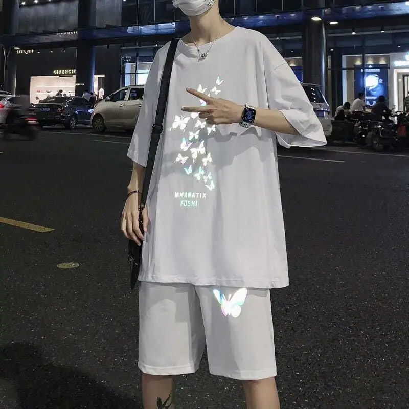 

Брюки для мужчин, в Корейском стиле; Сезон лето светящаяся бабочка печати Свободные повседневные штаны оверсайз в стиле хип-хоп Уличная бас...