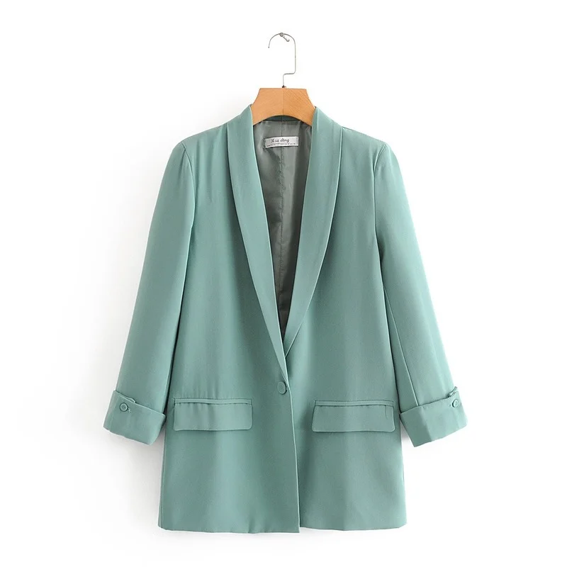 

Office Lady New Chic Fold Up Long Sleeve Blazers Single Button Solid Mid-length Coats 2021 All Match Summer Fatos De Mulher