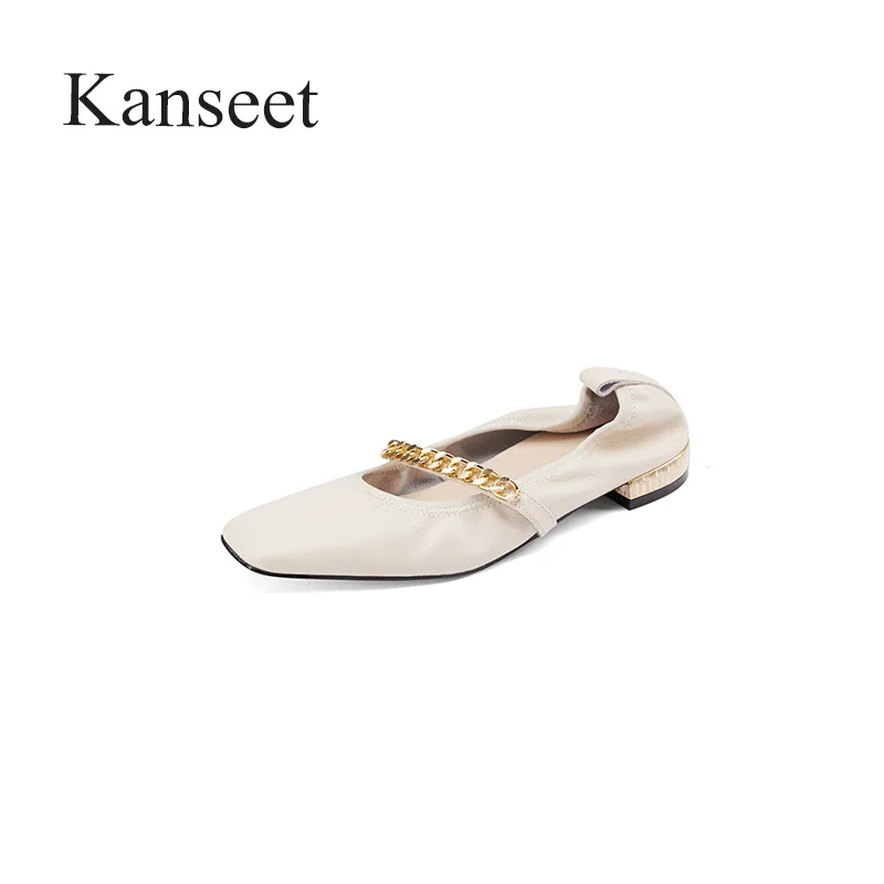 

Kanseet New 2021 Female Shoes Spring Autumn Metal Chain Genuine Leather Classics Handmade Pumps Square Toe Shallow Low Heels