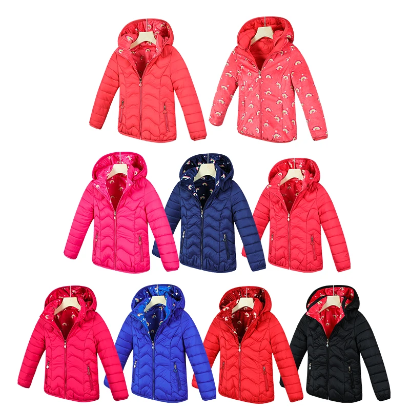 

KOCMOC Girls Flannel Rainbow Kawaii Double Side Down Jacket Outerwear Detachable Cap Warm Cute Kids For Age 4-12 Years Old 65033