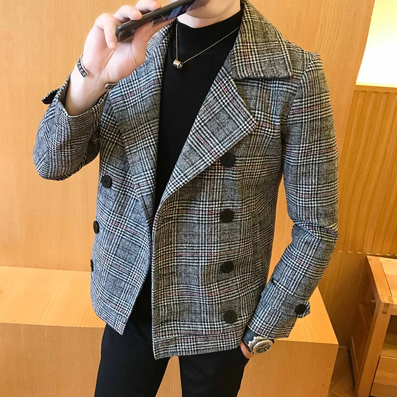 

Fashion Plaid Double Breasted Mens Woolen Short Coats Korean Autumn New Long Sleeve Lapel Slim Male Outerwear Jackets Plus Size