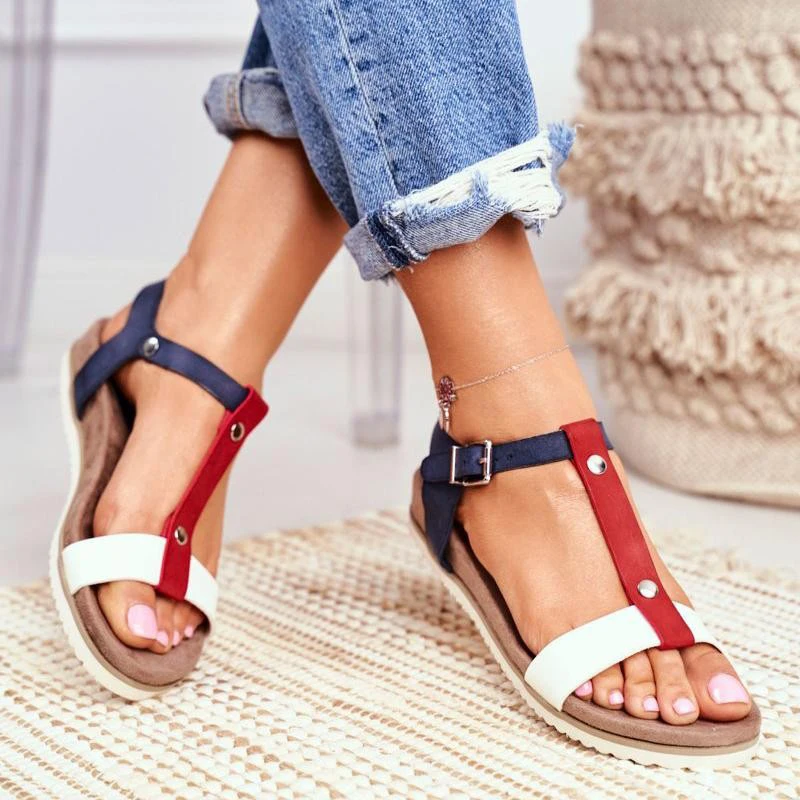 

Women Mixed Color T-strap Sandals Woman Buckle Rivet Flats 2021 Female Wedges Summer Casual Shoes Ladies Big Size Flats Footwear
