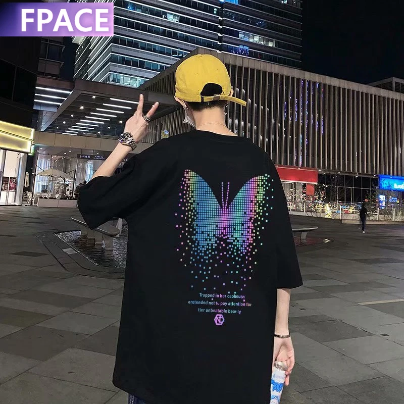 

FPACE Cartoon Butterfly t shirt Reflective graffiti printed tshirt men short sleeve Korean Clothing Summer Couples t Shirts