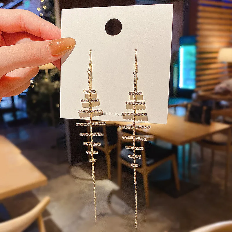 New Full Stone Long Tassel Earrings Eardrops Female Silver Plated Stud