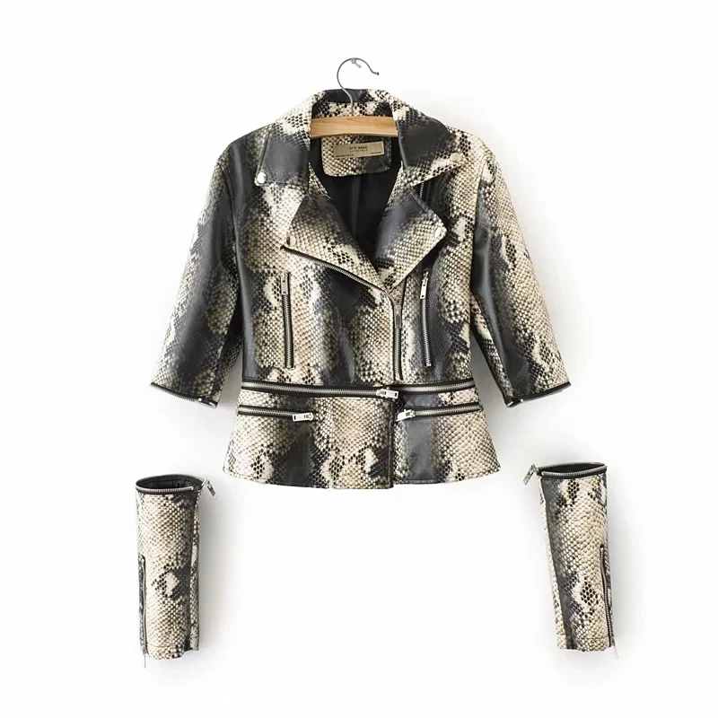Модные женские винтажные Куртки из искусственной кожи со змеиным узором пальто