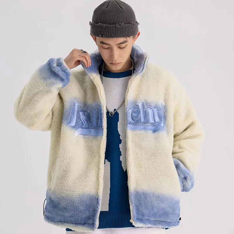 Aolamegs Lambswool Parkas Jacket Men Embroidery Gradient Print Zipper Coat Winter Warm Fashion Hip Hop Cotton Padded Outwear Men