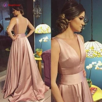 blush pink long prom dresses formal occasion gowns deep v neck backless evening gown a line girls party dress graduation vestido