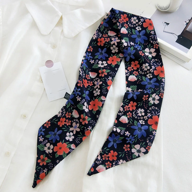 

Small Flower Narrow Long Scarf Floral Print Long Skinny Hair Scarf Bag Accessories Ribbon DIY Tie Ribbon Streamers Thin Scarves