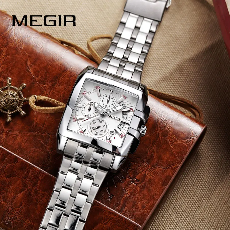 Оригинальные Роскошные мужские часы MEGIR кварцевые наручные из нержавеющей стали