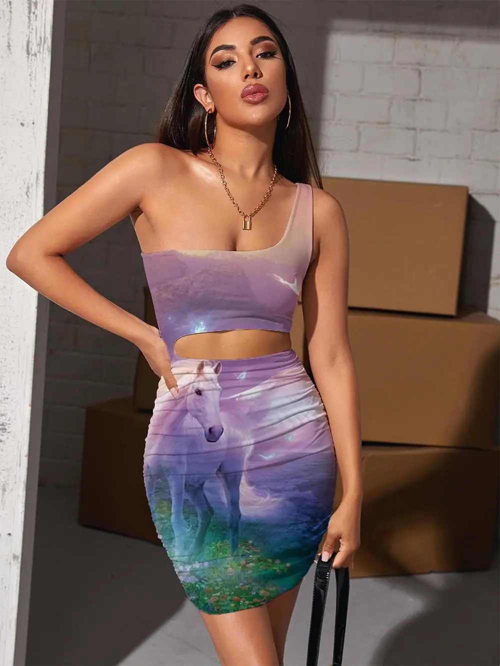 

Женское платье с вырезами KYKU, летнее пляжное плиссированное платье с единорогом и птицами