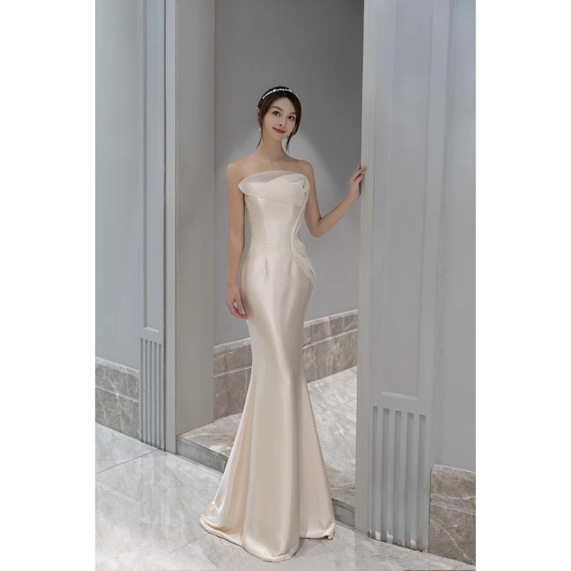 

French Mermaid Strapless Wedding Dress 2021 Bride Simple Fishtail Satin Tube Top Toast Elegant Birthday Party Prom Dress A211