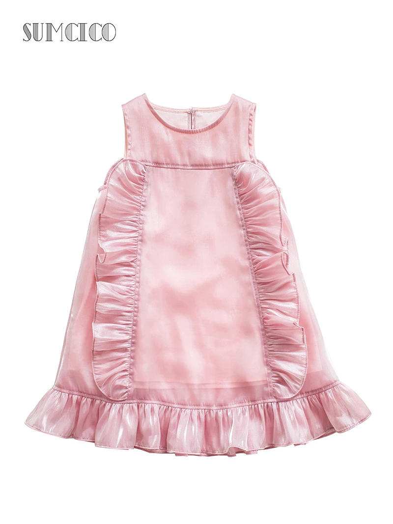 Sumcico 2020SS новейшее платье из органзы для девочек милое стильное розовое с оборками