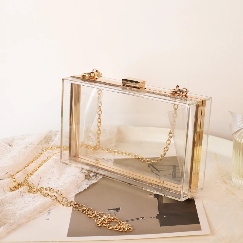 

Fashion Lady Transparent Acrylic Make Up Evening Bag For Women Square Shoulder Clutch Cosmetic Chain Metal Organizer Boxes New