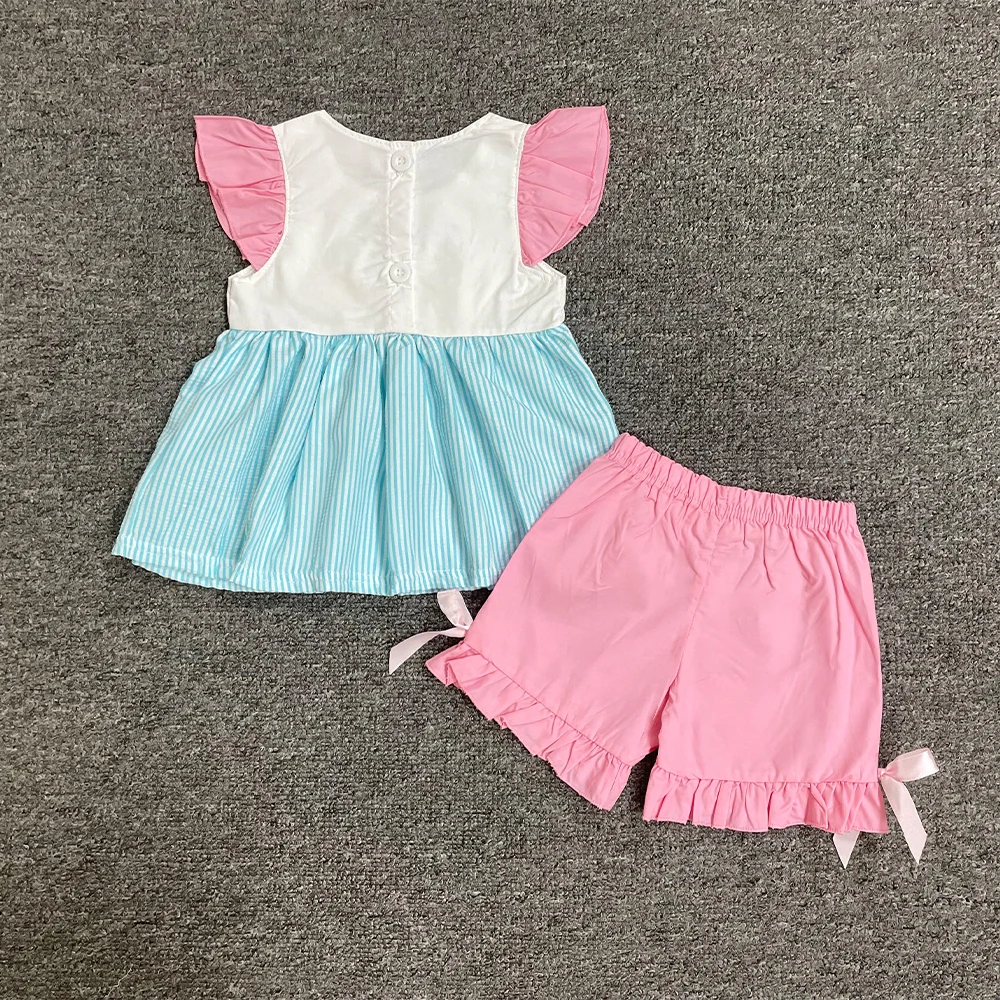 

Summer Girls Clothes Blue Vertical Striped Skirt And Pink Shorts Luxury Carriage Embroidery Pattern Toddler Girl Outfits