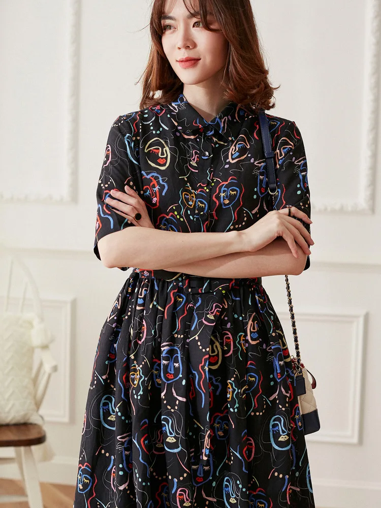 

New Face print cotton linen dress shows thin short sleeve A line mid long
